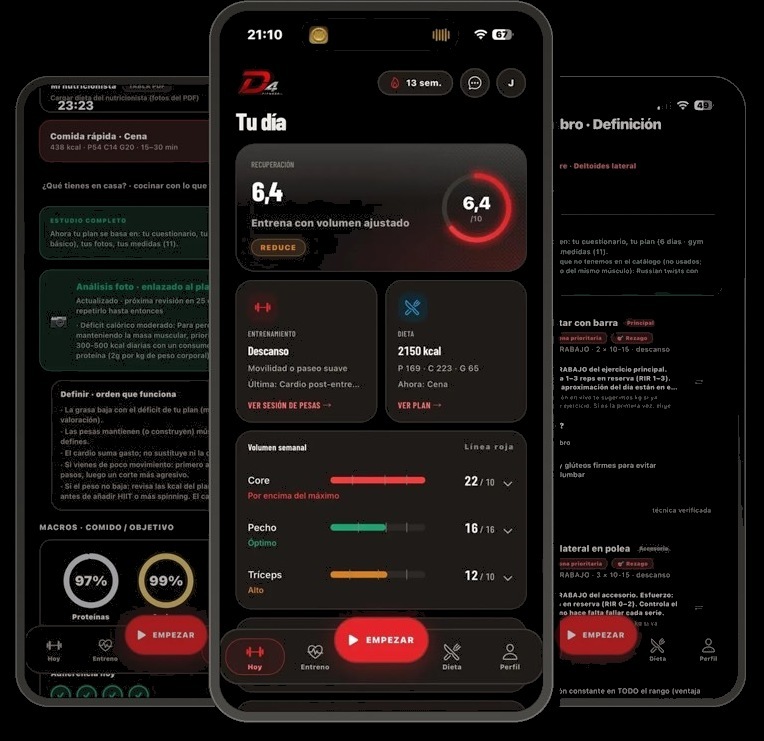 Pantallas de la app D4 FITNESS: entreno, nutrición y recuperación